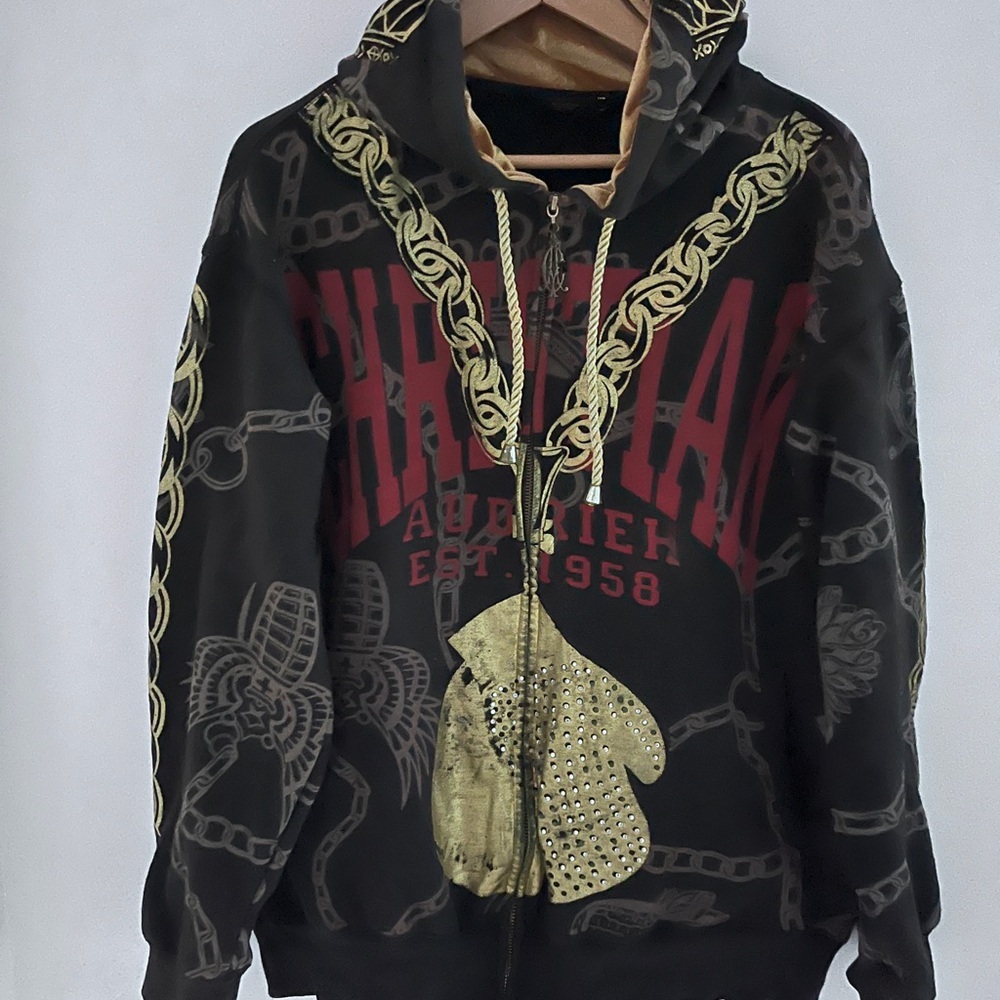 Vintage Christian Audigier Gold Zip Hoodie Panther Chains Boxing Y2K size large